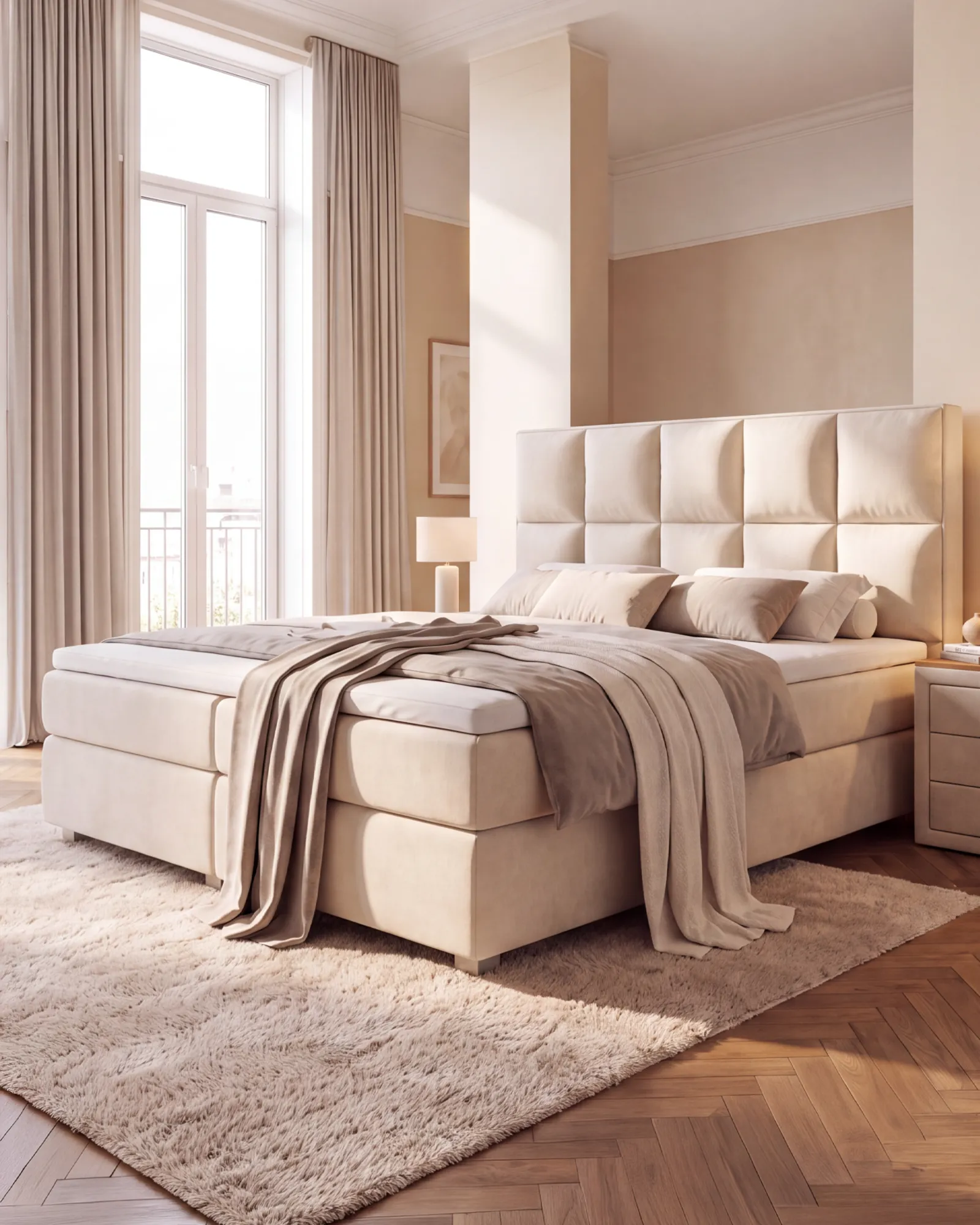 Helles Boxspringbett von Belando in elegantem Schlafzimmer