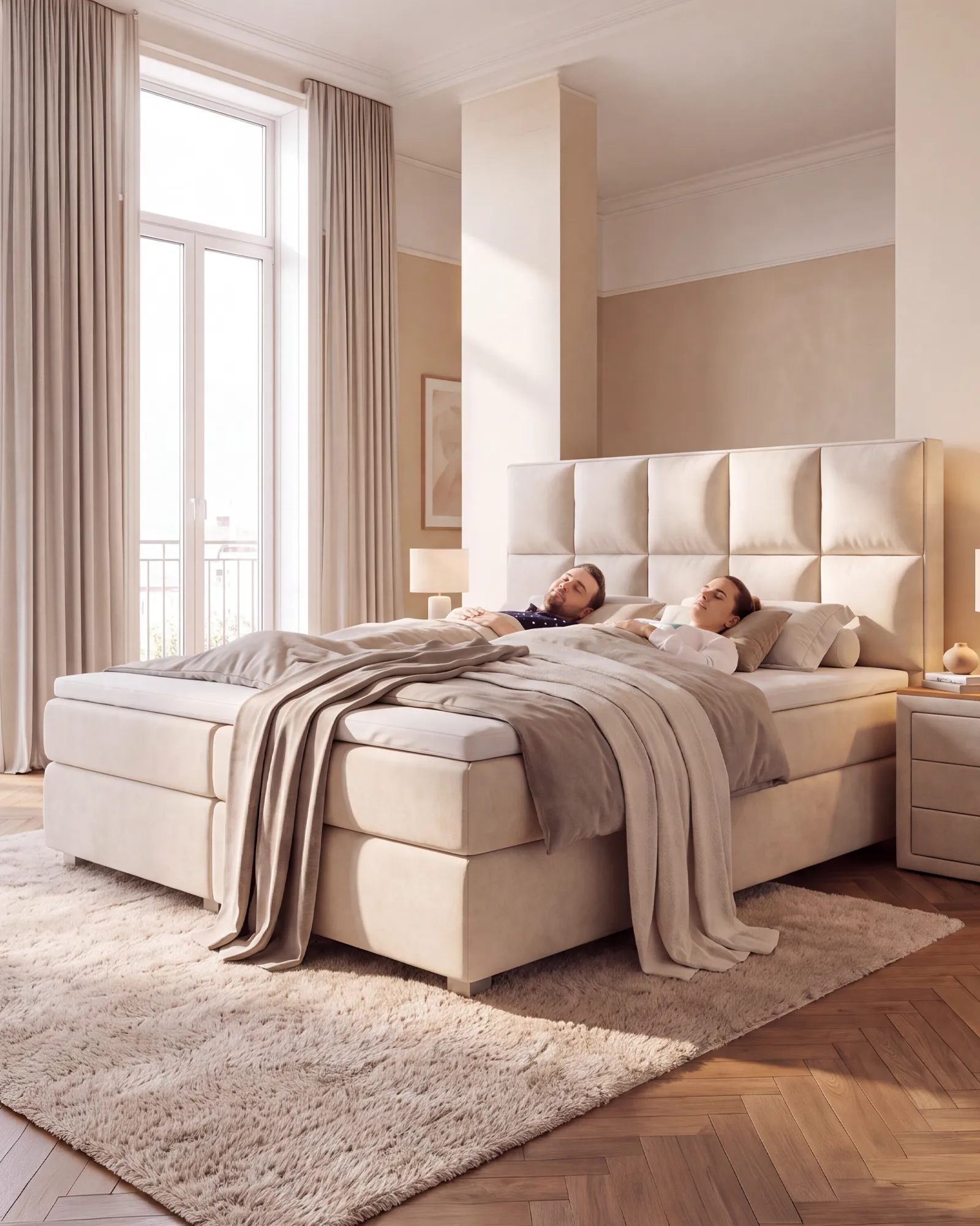 Boxspringbett von Belando in hellem Schlafzimmer mit schlafendem Paar