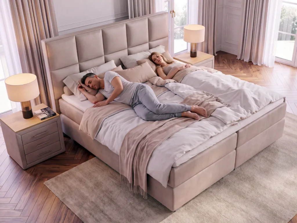 Zwei Erwachsene liegen entspannt in einem großzügigen Boxspringbett mit viel persönlichem Platz