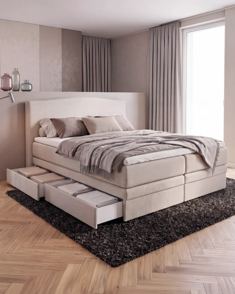 Boxspringbett mit geöffneten seitlichen Schubladen für zusätzlichen Stauraum