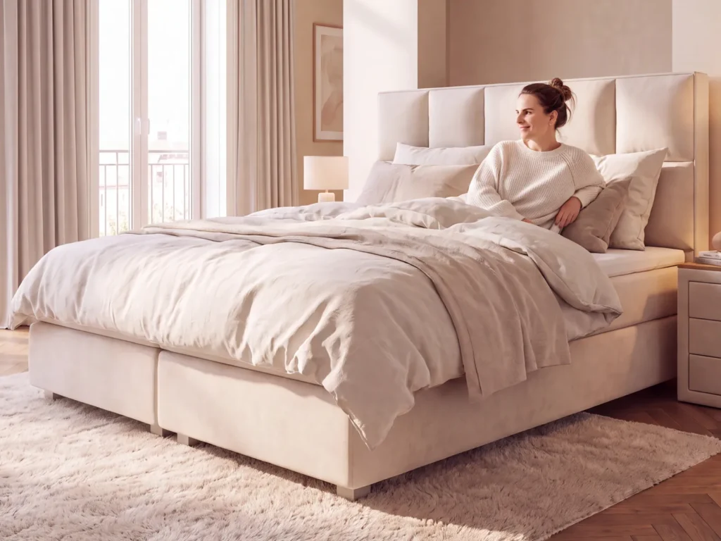 Boxspringbett mit sichtbarer Liegefläche und Platz für die Darstellung von Außenmaß und Abmessungen