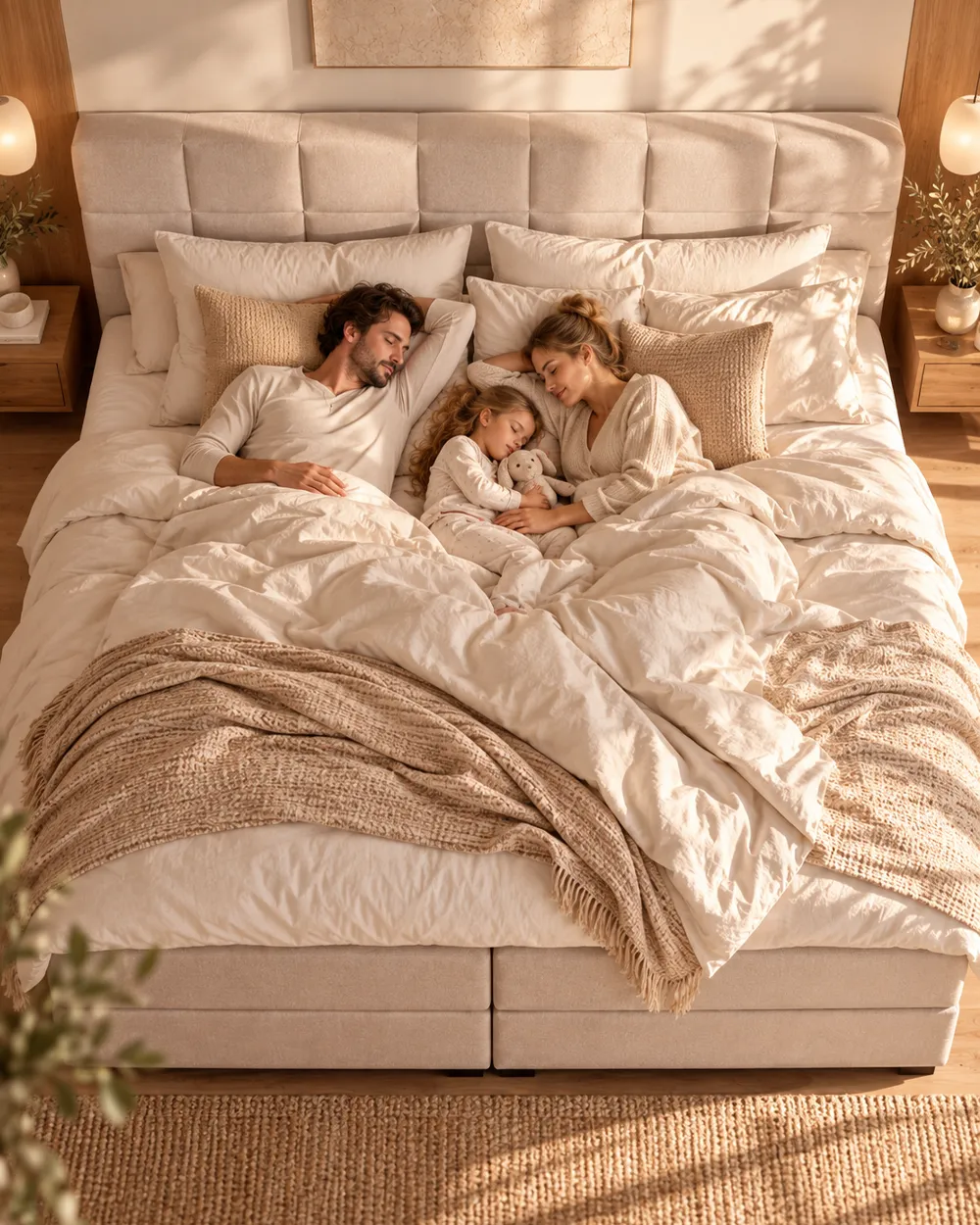 Familie auf einem Familien-Boxspringbett 220 × 200 cm im Größenvergleich