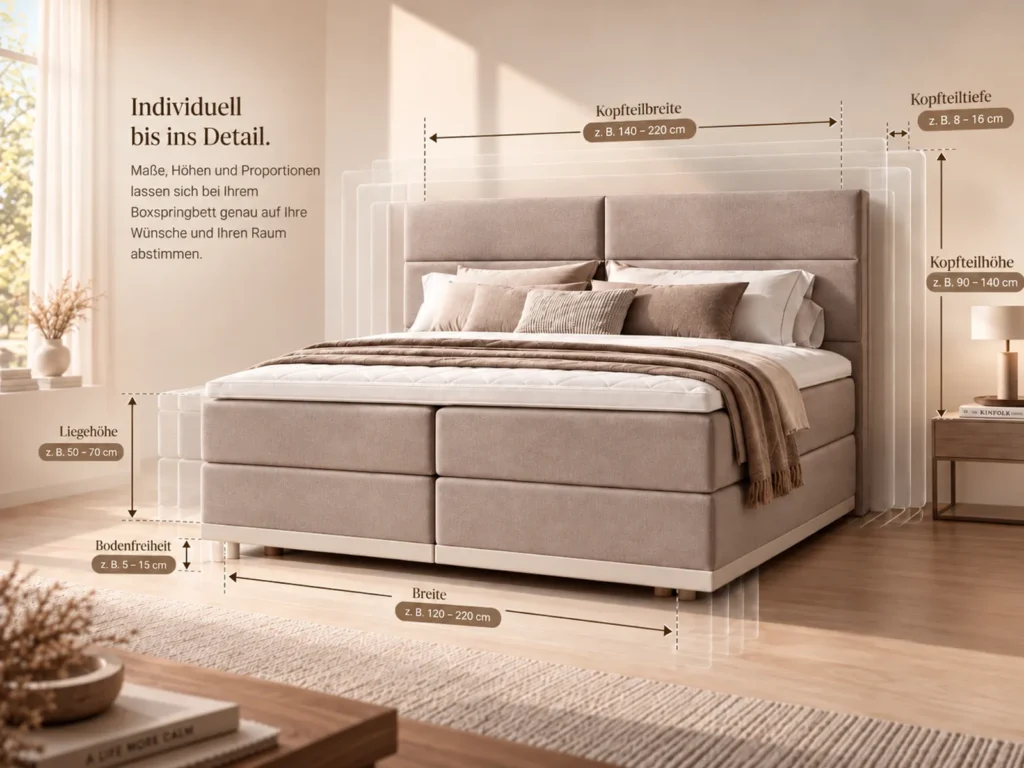 Individuell geplantes Familien-Boxspringbett mit verschiedenen Maß- und Gestaltungsmöglichkeiten